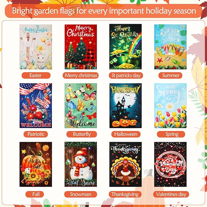 12 Pcs Solar Seasonal LED Garden Flags 12 x 18 Inch Double Sided Yard Flags Halloween Christmas Fall Thanksgiving Day Decorations Welcome Garden Holiday Yard Outside Lawn Decoration