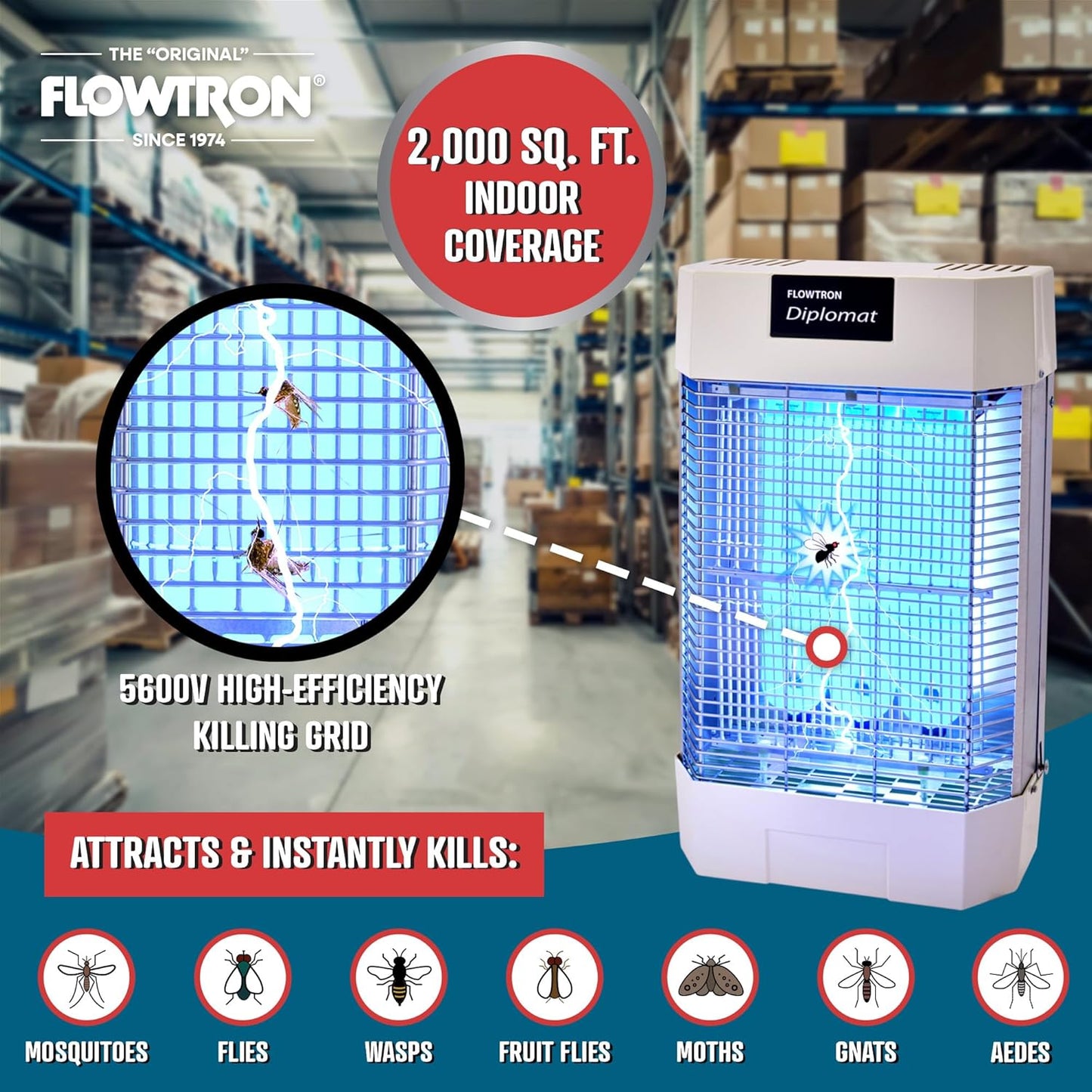 Flowtron Indoor Bug Zapper | Electric Fly & Insect Killer with 120W UV Light, Pheromone Lure Attractant, Shock Kill Grid & Reflector Panels | 2000 Sq Ft for Kitchen, Restaurant & Barn, UL Certified