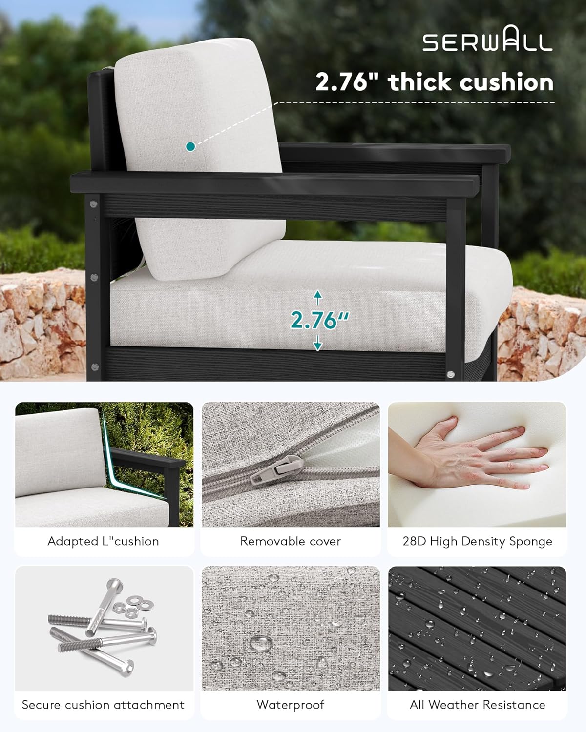 SERWALL Black HDPE Outdoor Loveseat with Khaki Cushions, All Weather Use Outdoor Loveseat Sofa, Black Frame with Khaki Cushions