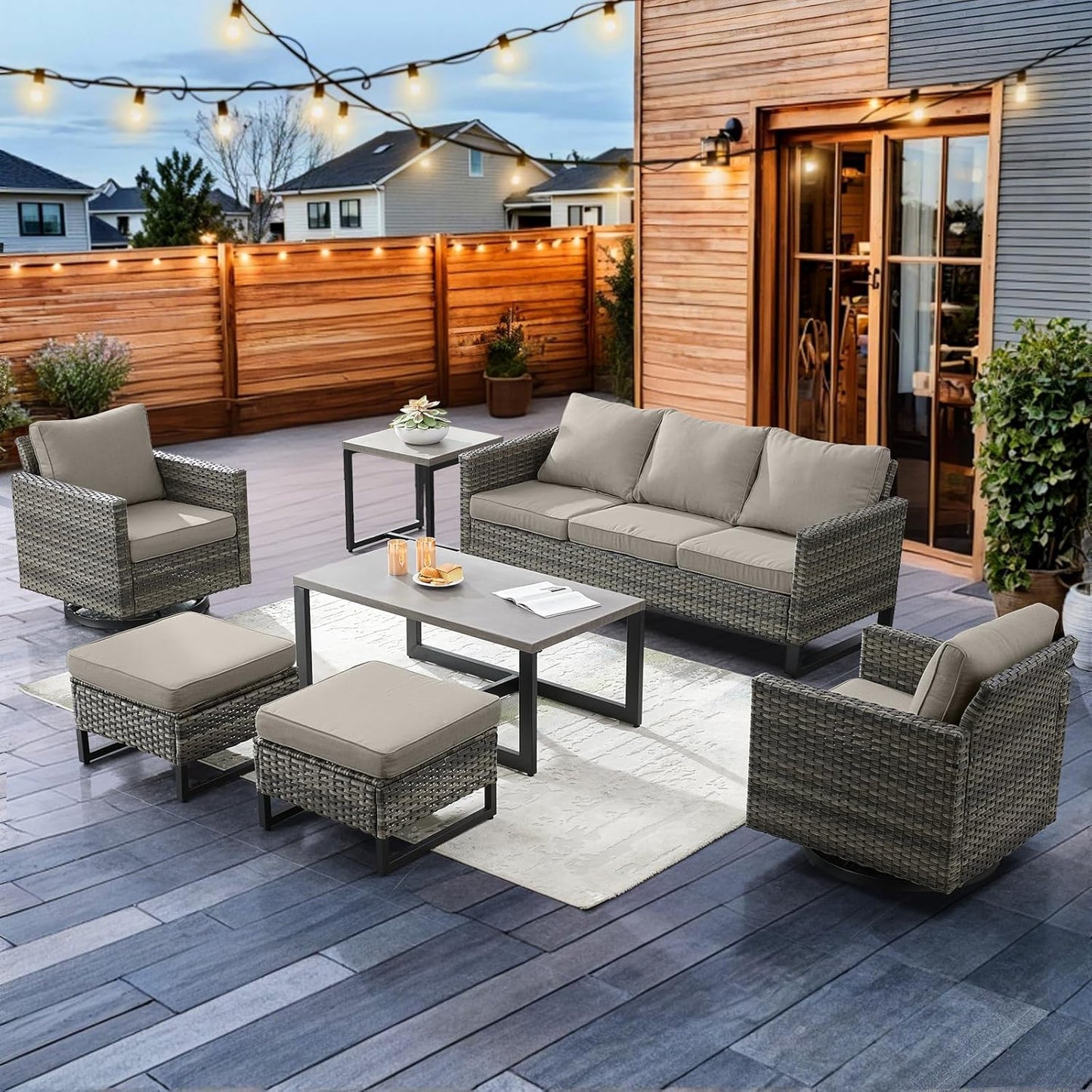 HUMMUH 7 Piece Patio Furniture Set Outdoor Sectional Sofa,High Back Patio Swivel Rocker Chairs with Ottomans Coffee Table for Porch,Garden,Backyard