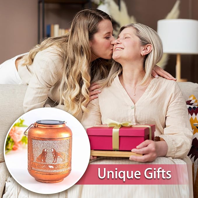 Wolf Solar Lanterns Outdoor Waterproof Hanging Solar Lights Wolf Gifts for Women Men Mom Metal Decorative LED Outdoor Lanterns for Patio, Lawn, Landscape, Garden Decor, Yard Decorations