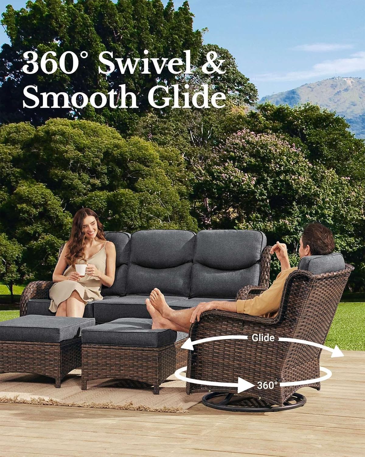 HILLGA Luxury Patio Furniture Set with 6-Inch Thick Cushions, High Back Outdoor Swivel Rocker Chairs and Patio Couch, 6-Piece All Weather Conversation Set for Porch Deck Pool Yard, Dark Grey (V3)