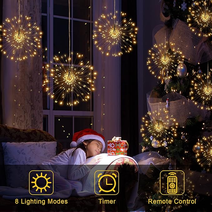 FOOING 8 Pack Firework Lights Led Copper Wire Star String Lights 8 Modes Battery Operated Fairy Lights with Remote,Wedding Decorative Hanging Light for Party Patio Garden Decoration