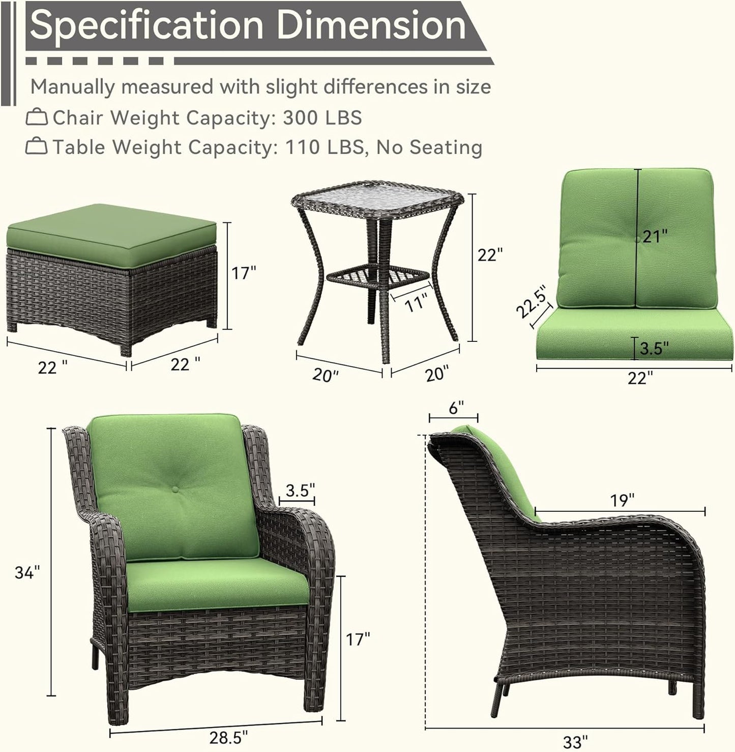 5 Pieces Patio Conversation Set, Wicker Chairs Set of 2 and Two Ottomans with 3.5-inch Seat Cushions, 1 Side Table High Back and Curved Armrest for Backyard, Balcony and Deck, Green
