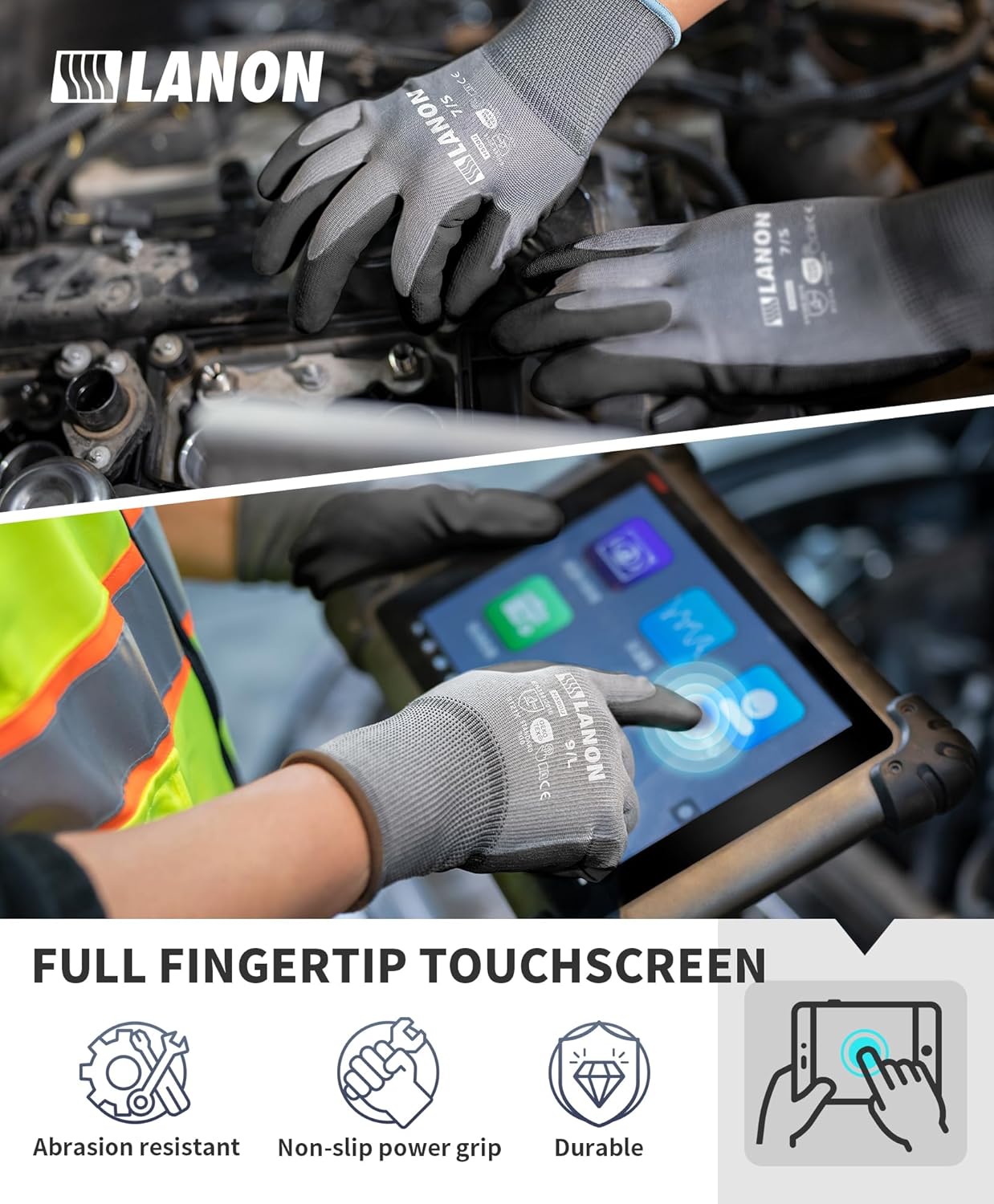 LANON 18 Pairs Safety Work Gloves, Mechanic Working Gloves for Men,Breathable PU Coated, Seamless Knit,Double Wash, Grey, Medium