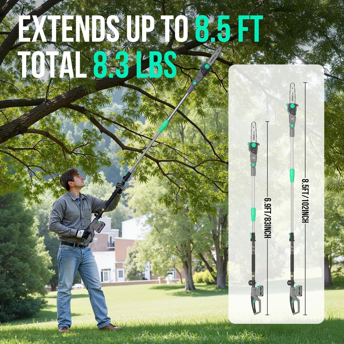 Litheli Cordless Pole Saw, 40V 2.5Ah Battery Pole Saws for Tree Trimming, 10-Inch Pole Saw Battery Powered 16ft/s Cutting Speed Auto Oiling Multi-Angle Electric Pole Chainsaw(Battery&Charger Included)