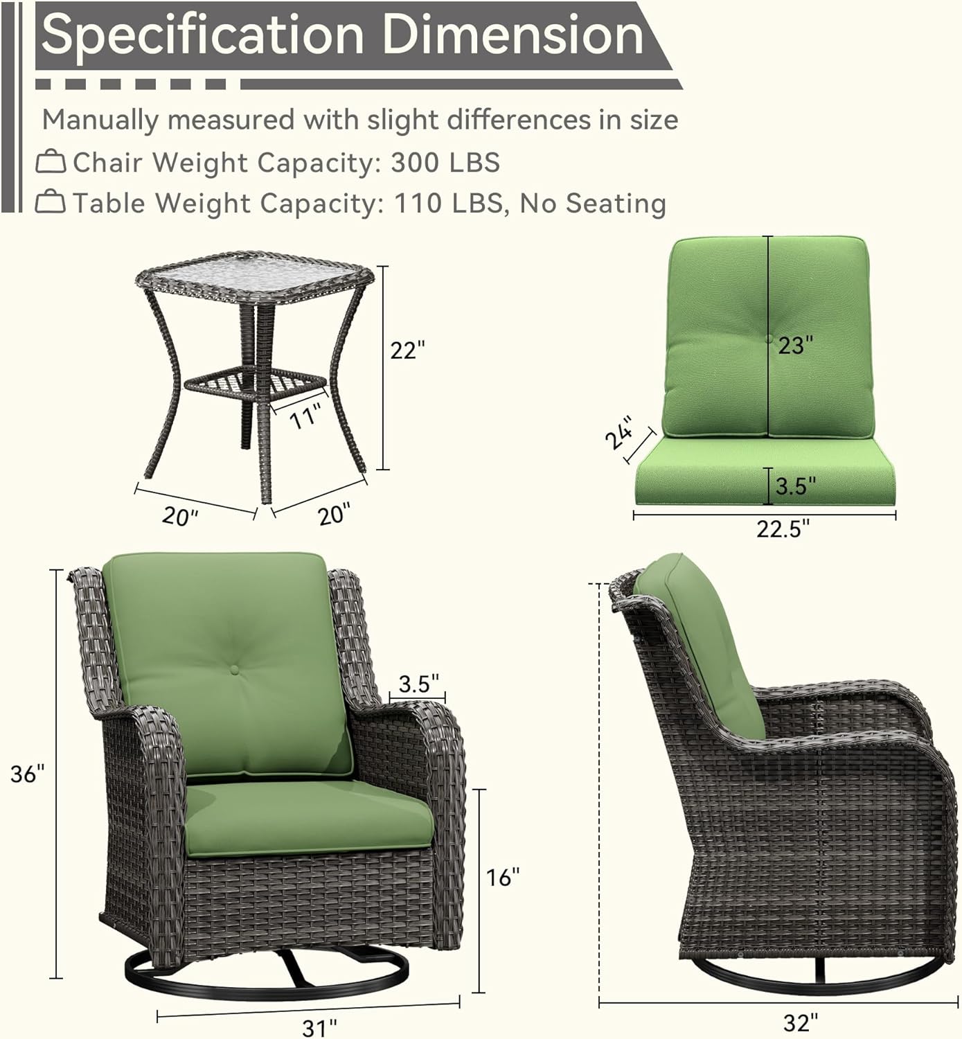 6 Pieces Outdoor Furniture Set - Patio Wicker Swivel Rocker Chair Set of 4 and 2 Side Table, Green, Mixed Brown Rattan, Suitable for Porch, Yard