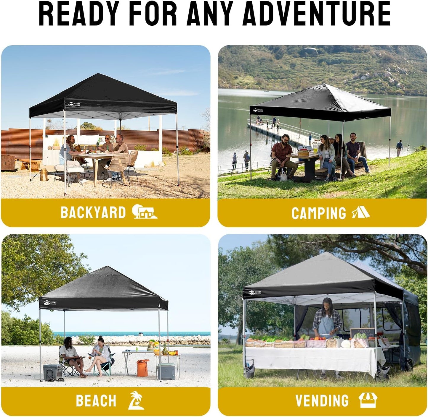 CROWN SHADES 8x8 Pop Up Canopy, Patented Center Lock One Push Instant Popup Outdoor Canopy Tent, Newly Designed Storage Bag, 8 Stakes, 4 Ropes, Silver-Coated Black