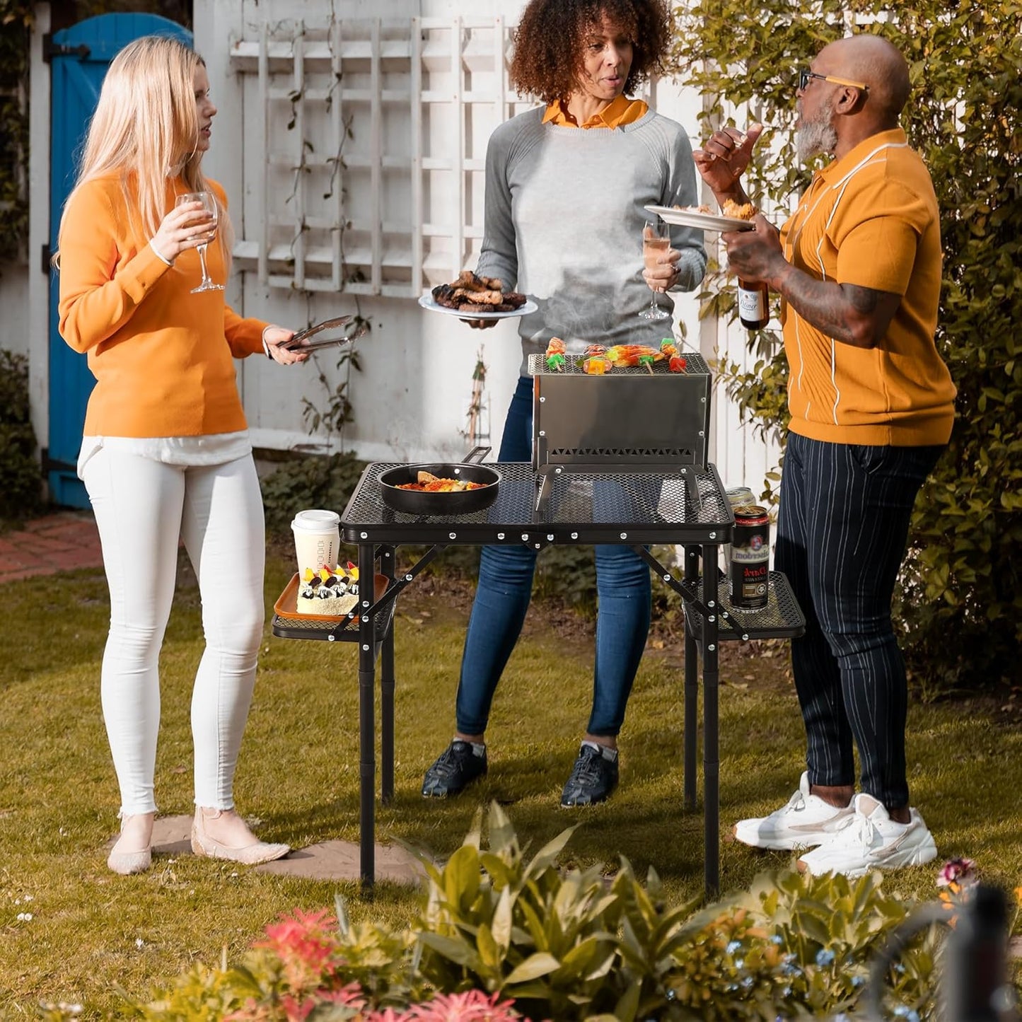 REDCAMP 35x16 Folding Grill Table for Outside with 2 Side Tables, 4 Adjustable Heights Portable Small Stand Table for Outdoor Indoor Camping Picnic BBQ