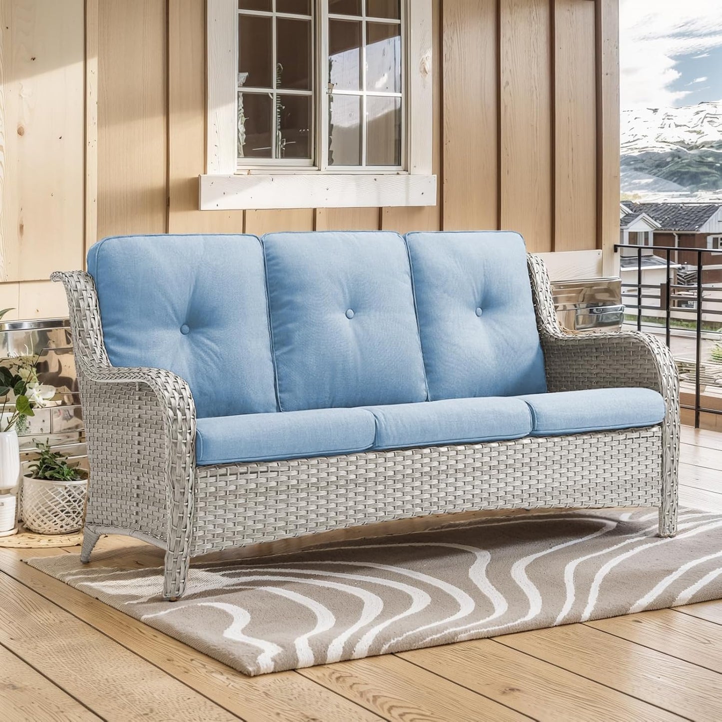 Outdoor Sofa Couch Wicker Furniture 3-Seater Rattan Sofa Patio Furniture Set with Washable 4“ Baby Blue Cushions
