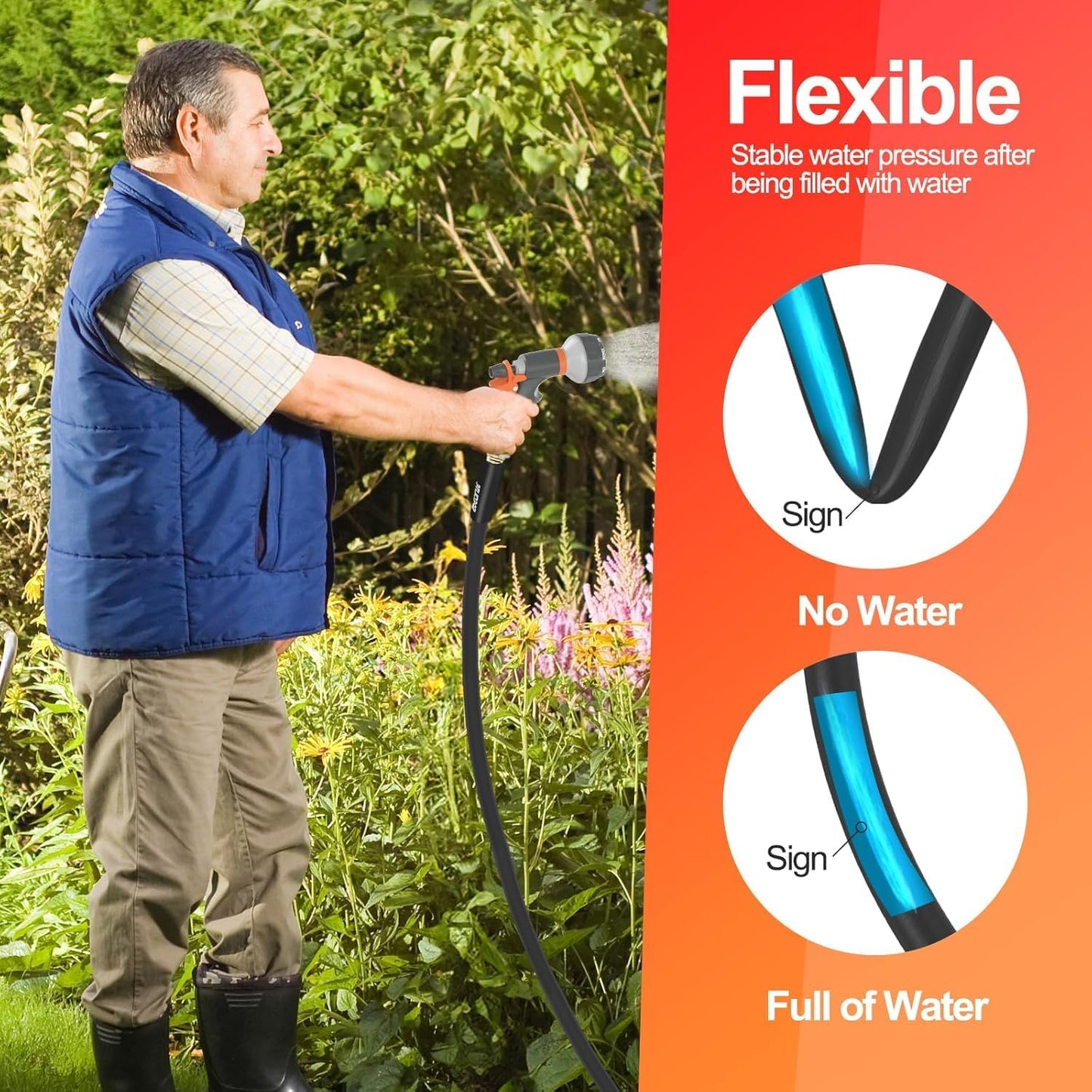 Garden Water Hose 100 ft x 3/4 in Heavy Duty, Flexible and Lightweight, Burst 600 psi, Kink-less Hybrid Rubber Pipe for Backyard, 3/4'' Brass Fittings, Black