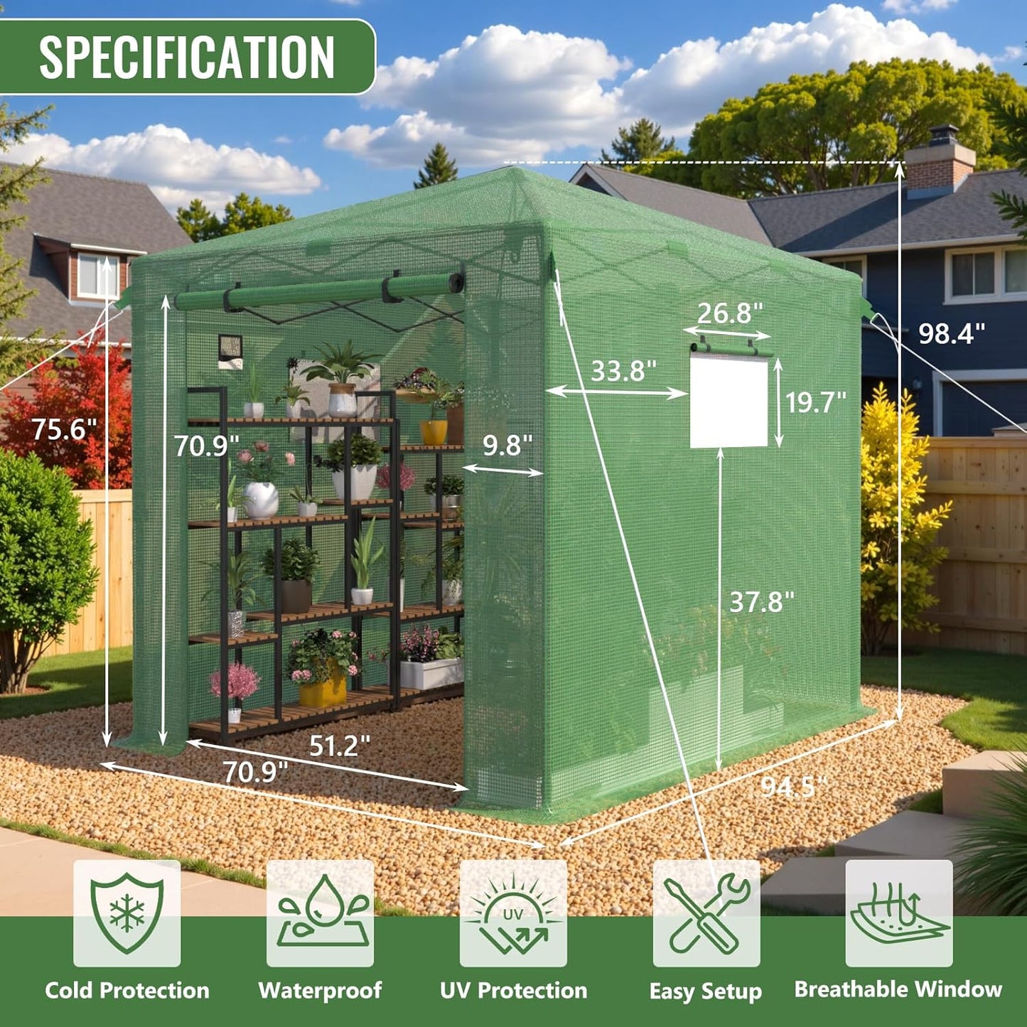 8X6 FT Pop Up Greenhouse,Greenhouse for Outdoors, Portable Walk-in Greenhouses with Roll-Up Zipper Door, PE Cover Greenhouses for Garden and Backyard, Easy Setup