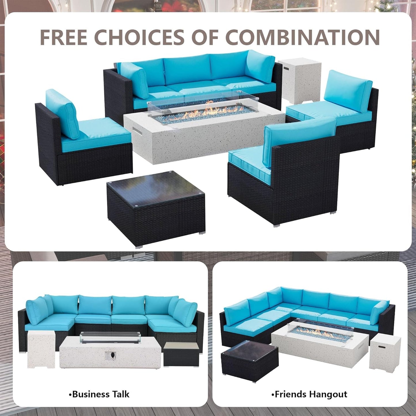8 Piece Patio Furniture Set - Outdoor Conversation Sets with 56" Fire Table and Coffee Table, Rattan Modular Sofa Set for Garden/Poolside, Blue/Black