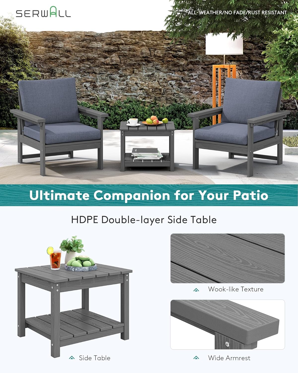 SERWALL Outdoor Patio Sofa Set, 2-Piece HDPE Single Seat Outdoor Sofa Chair with Padded Cushions, Gray Frame with Gray Cushion