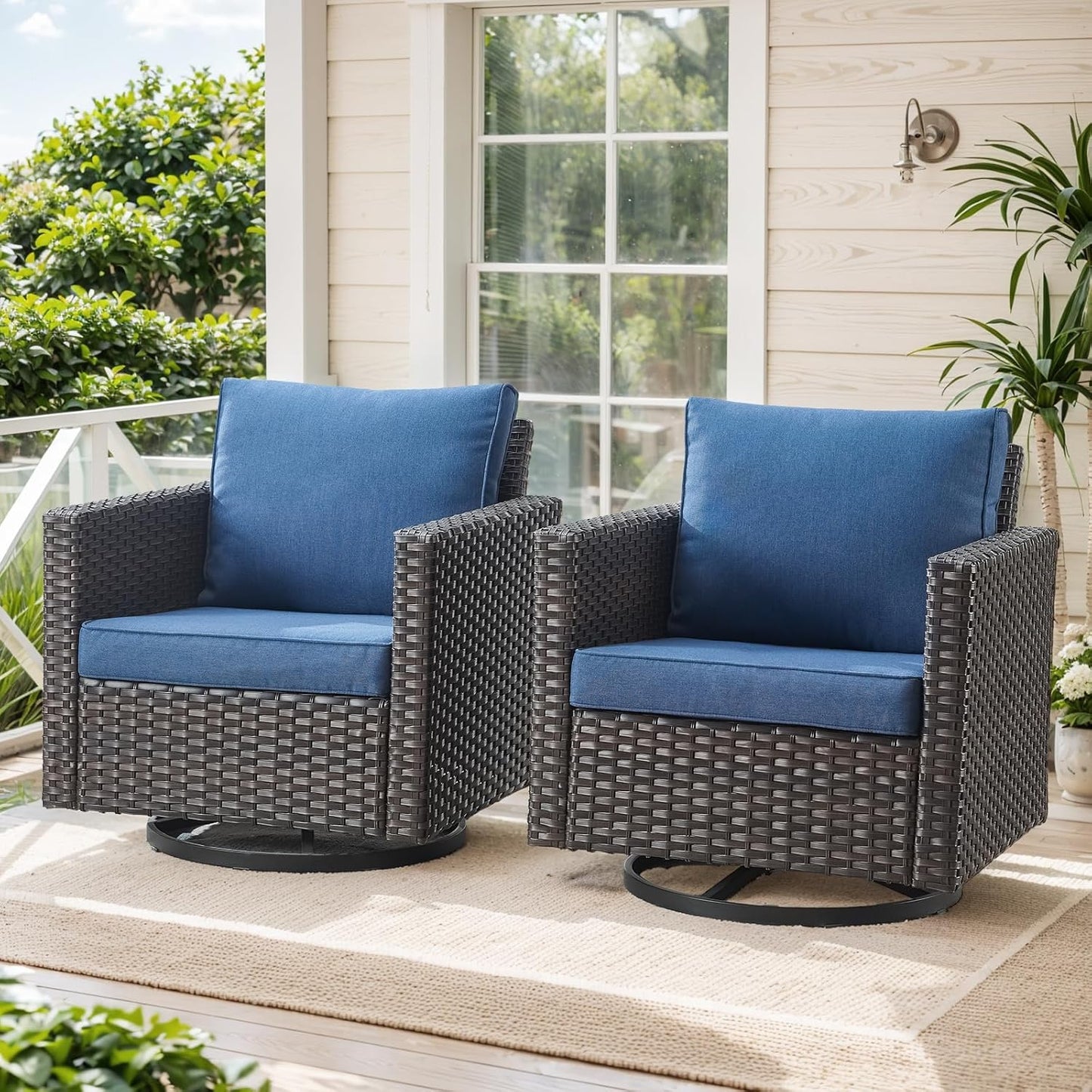 HUMMUH Patio Swivel Chairs Set of 2,PE Wicker Outdoor Rocker Chairs Bistro Set Porch Balcony Furniture with Cushions