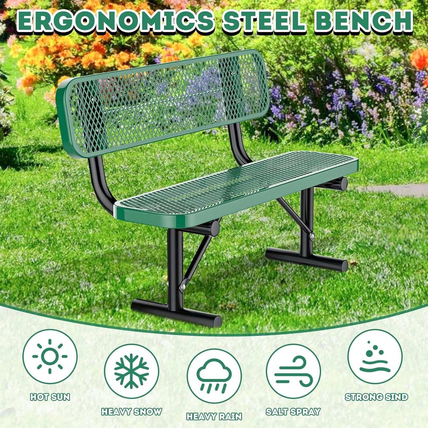 4Ft Outdoor Bench with Back Portable Frame, Outdoor Steel Park Bench with Backrest, Expanded Metal Mesh Bench for Outside, Lawn, Backyard, Park, Deck, Garden, Patio, Porch, Green