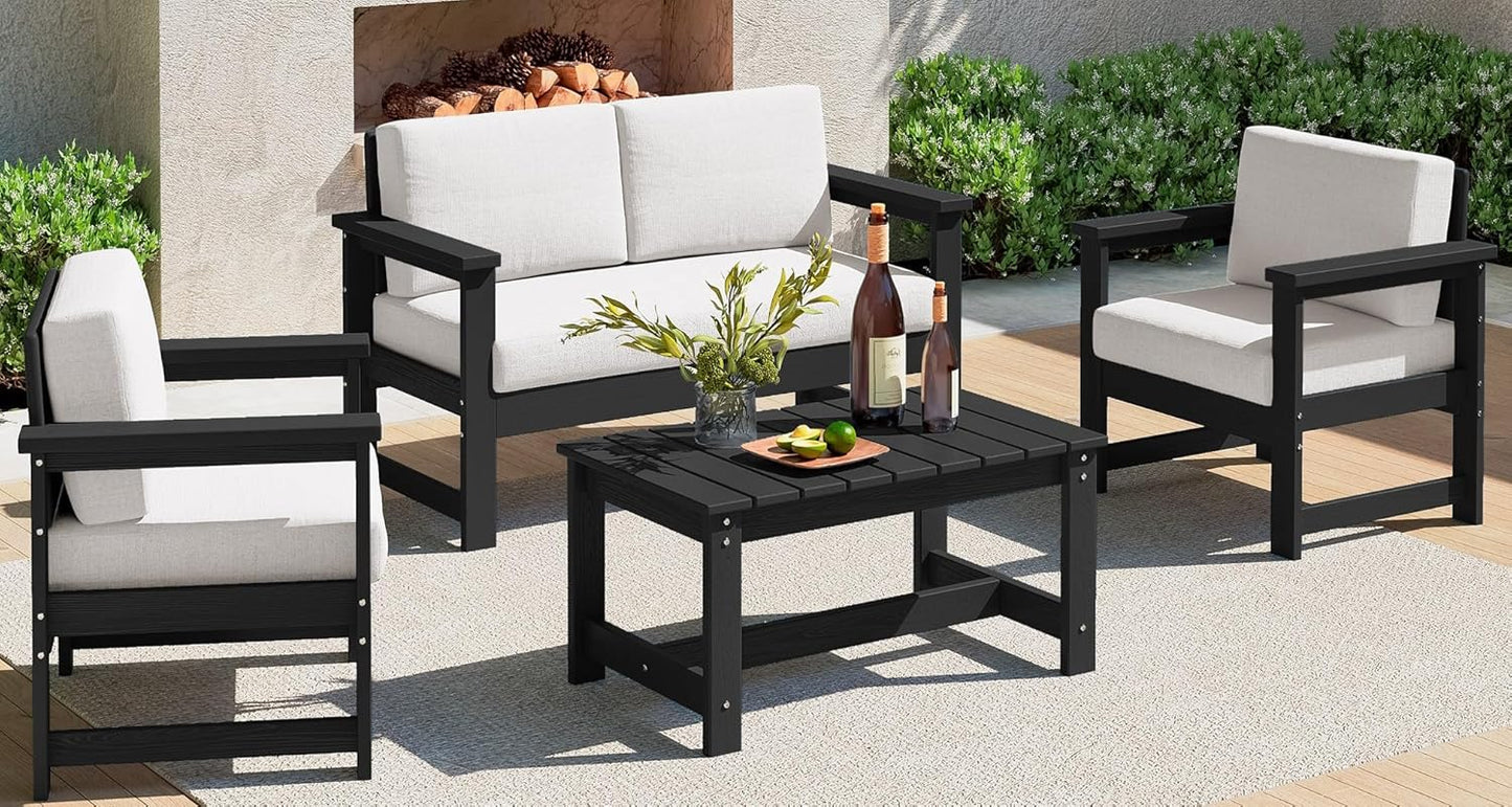 SERWALL 4-Piece Outdoor Patio Sofa Set, HDPE All-Weather Loveseat Sofa with Cushions & Coffee Table, Black Frame & Khaki Cushions