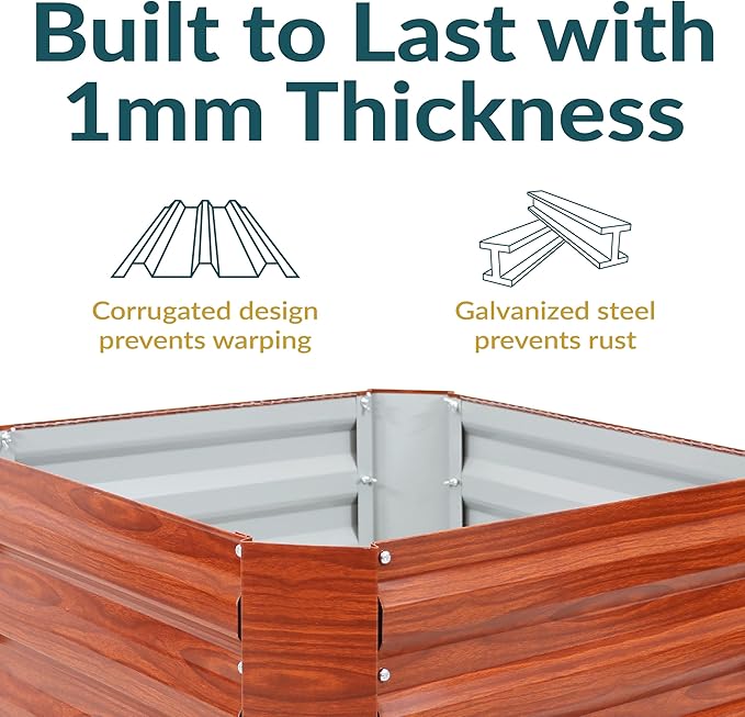 Sunnydaze 11.75" H Raised Metal Garden Bed - Galvanized Raised Garden Bed Outdoor for Vegetables and Flowers - Woodgrain - Square