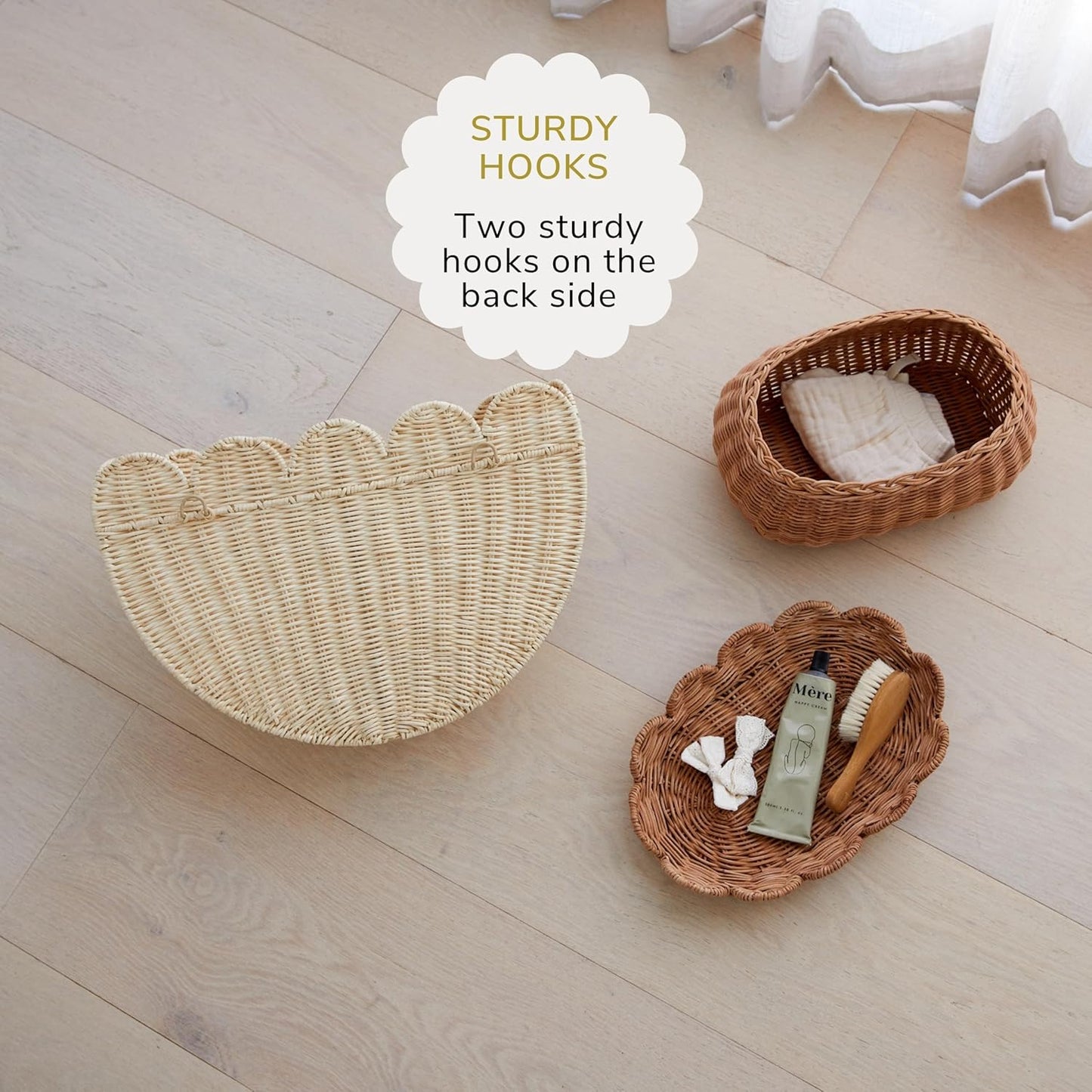 BEBE BASK Scalloped Wicker Wall Basket - The Original - Hand Woven Basket - Scalloped Décor Wall Hanging Baskets -16" x 10" x 7"In - Hanging Wall Basket (Natural)