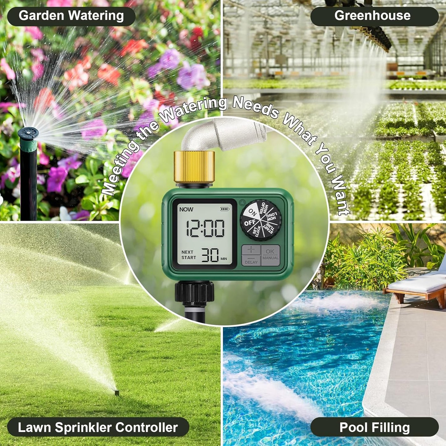 Sprinkler Timer Brass, Programmable Water Timer with Rain Delay, Manual& Automatic System for Garden Hose Faucet, Waterproof Gardening Supplies Irrigation Controller Watering Lawn Evenly& Efficiently