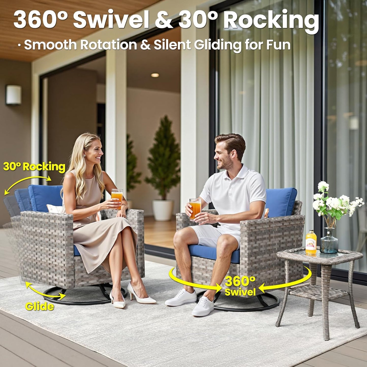 ovios 10 Pieces Patio Furniture Set, Outdoor Wicker Sectional Sofa with 30" Fire Pit Table Swivel Chairs, Modern Modular Deep Seat Rattan Couch Conversation Sets, Navy Blue