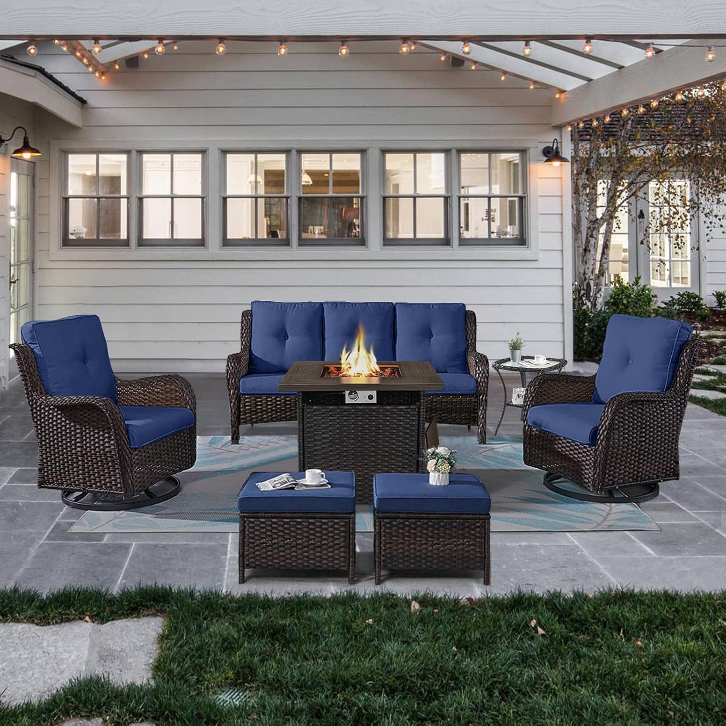 Outdoor Patio Furniture Set with Propane Fire Pit Table, 7 Pieces Wicker Patio Conversation Set with 2 Swivel Glider Rocker Chairs Rattan Sofa Blue Cushion Perfect for Casual Gathering