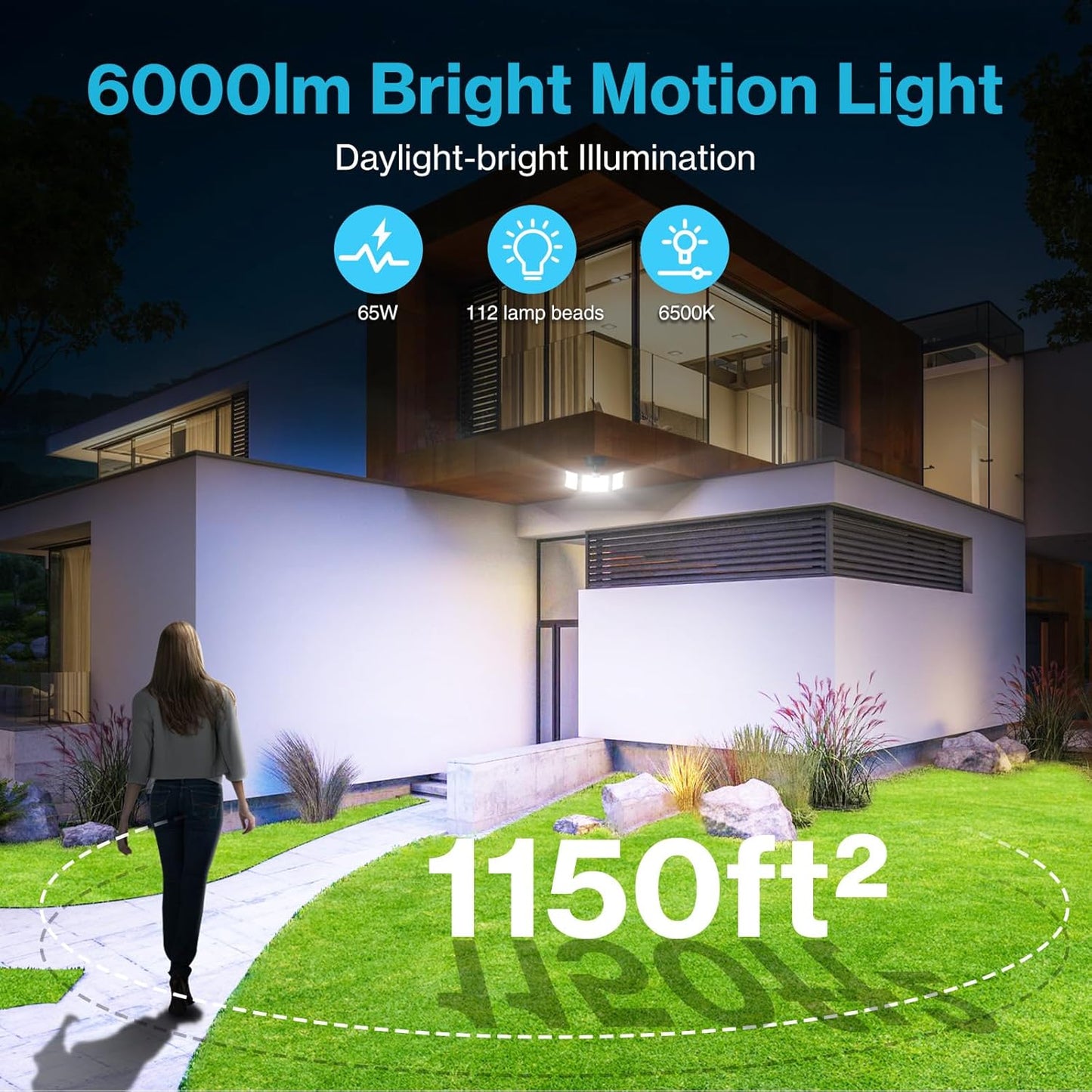Olafus 65W Motion Sensor Outdoor Light, 2 Pack LED Security Light 6000LM, 6500K Exterior Motion Flood Light with 3 Adjustable Heads, for Outside Garage, Yard, Patio, IP65 Waterproof, Black