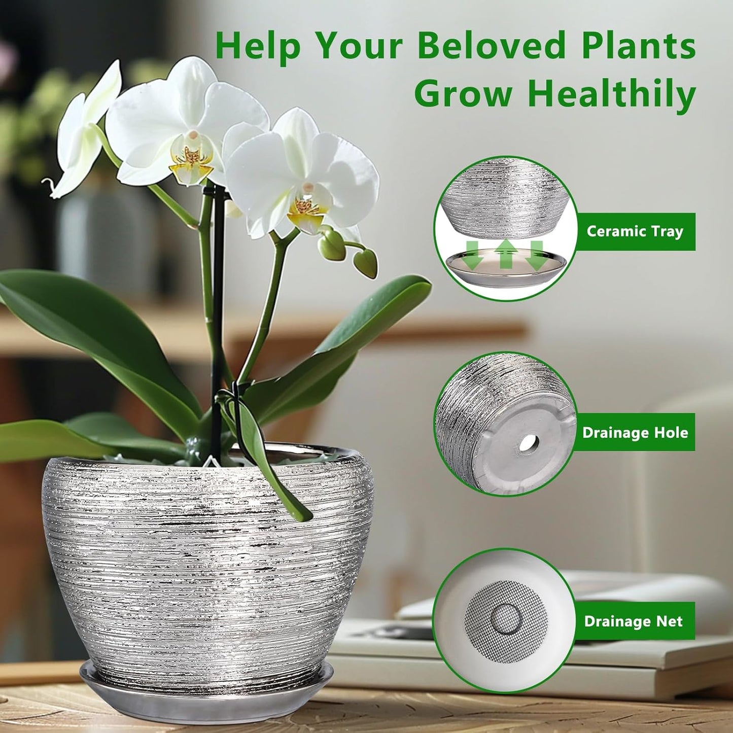 Pot for Plants 8 Inch - Ceramic Plant Pot Indoor with Drainage Hole and Saucer Decorative Planter for Indoor Plants Modern Round Flower Pot for Home Decor Silver