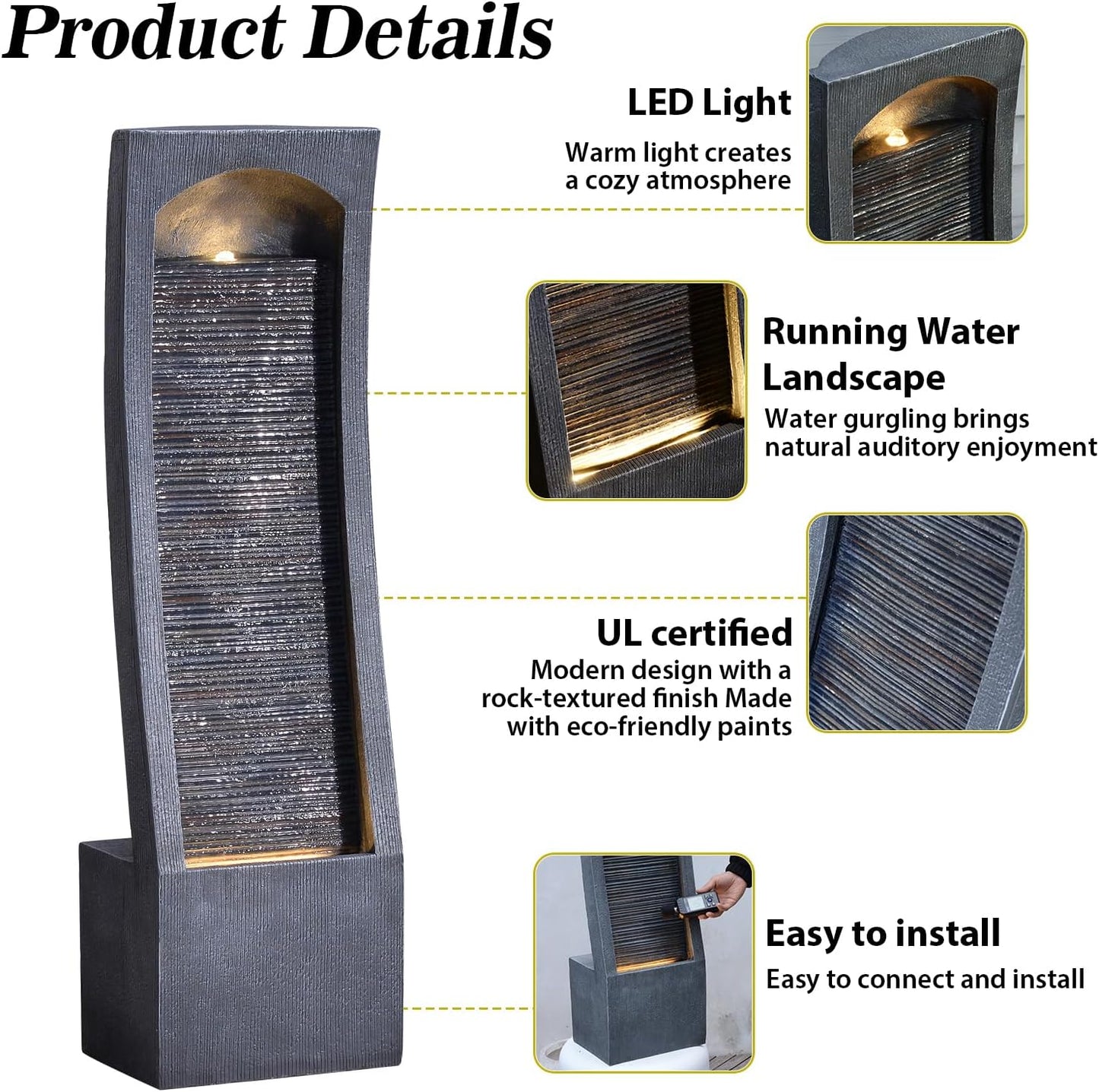 42.3" H Water Feature Outdoor Faux Slate Contemporary Waterfall Fountain Indoor for Garden, Backyard, Deck, Porch and Home Art Decor Large Outdoor Fountain with Lights