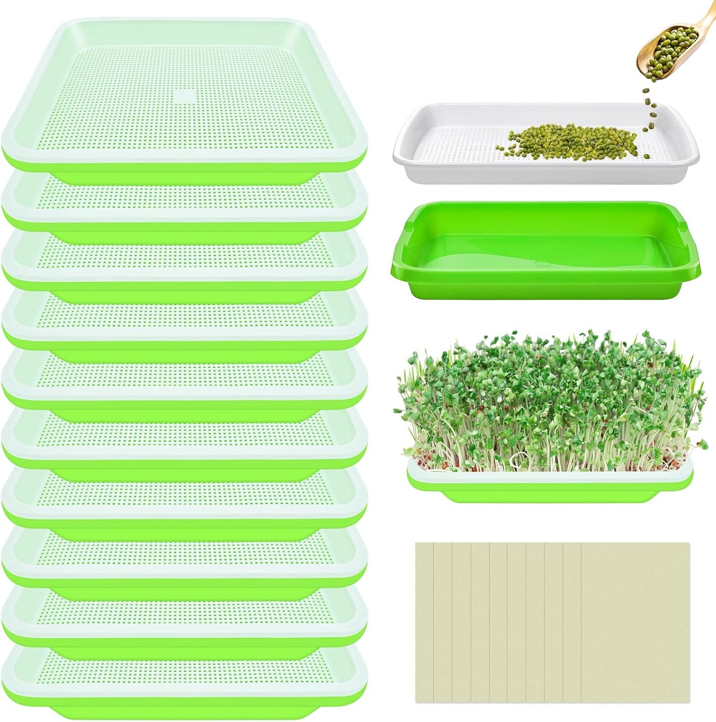 Legigo 10 Pack Green Seed Sprouter Trays- Soil-Free Cultivation Germination Tray, BPA Free Nursery Tray with Planting Paper for Indoors or Outdoors Sprouting Seeds, Grow Grass, Beans (Without Lids)