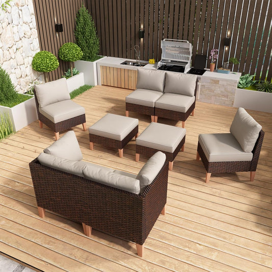 HUMMUH 8 Pieces Patio Furniture Set,Outdoor Modular Sectional Couch Chairs with Ottomans,All Weather PE Wicker Patio Conversation Sets for Garden Porch Backyard