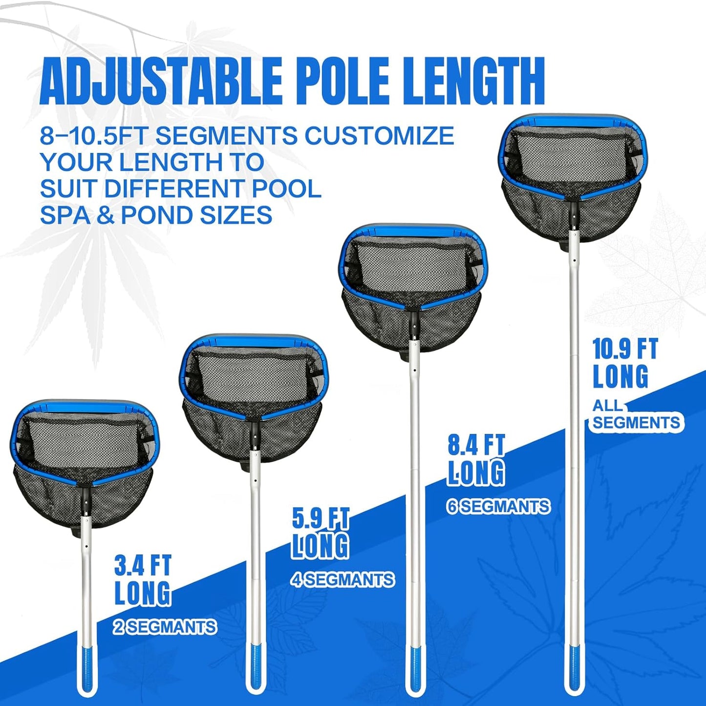 joyhalo Pool Skimmer Net with Pole,Upgraded Extra Wide Scoop Edge, Swimming Leaf Rake with 2.5FT-10FT Adjustable Aluminum Pole for Cleaning Leaves, Debris