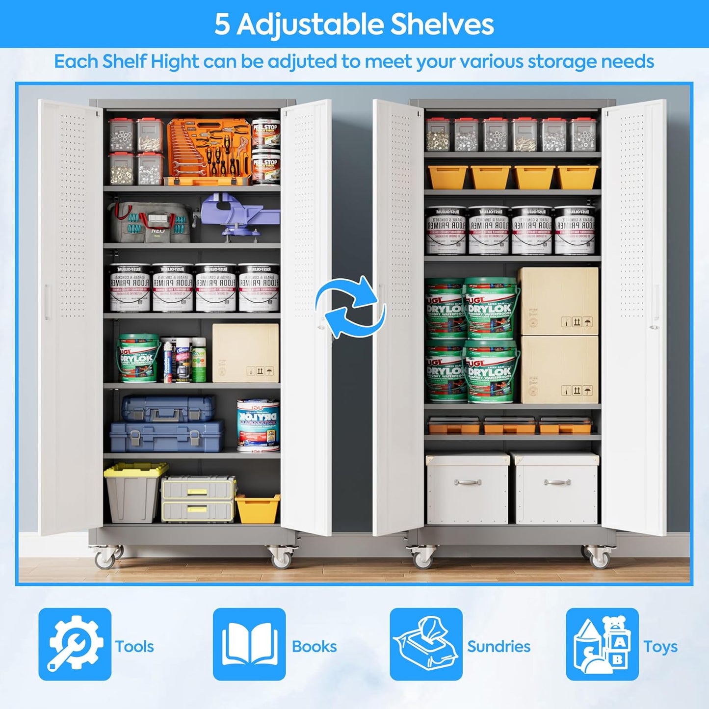 Metal Garage Storage Cabinet with Wheels & Pegboard, Lockable Metal Storage Cabinets with 2 Doors&5 Adjustable Shelves for Garage&Home,Assembly Required,Gray White 71''H x32''W x16''D