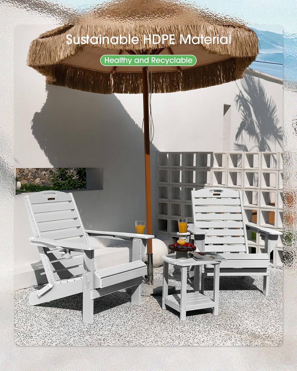 Adirondack Chairs Set of 4, Outdoor Fire Pit Chairs, HDPE All-Weather Adirondack Chairs with Cup Holder, Lawn Chair for Deck, Patio, Garden (White)