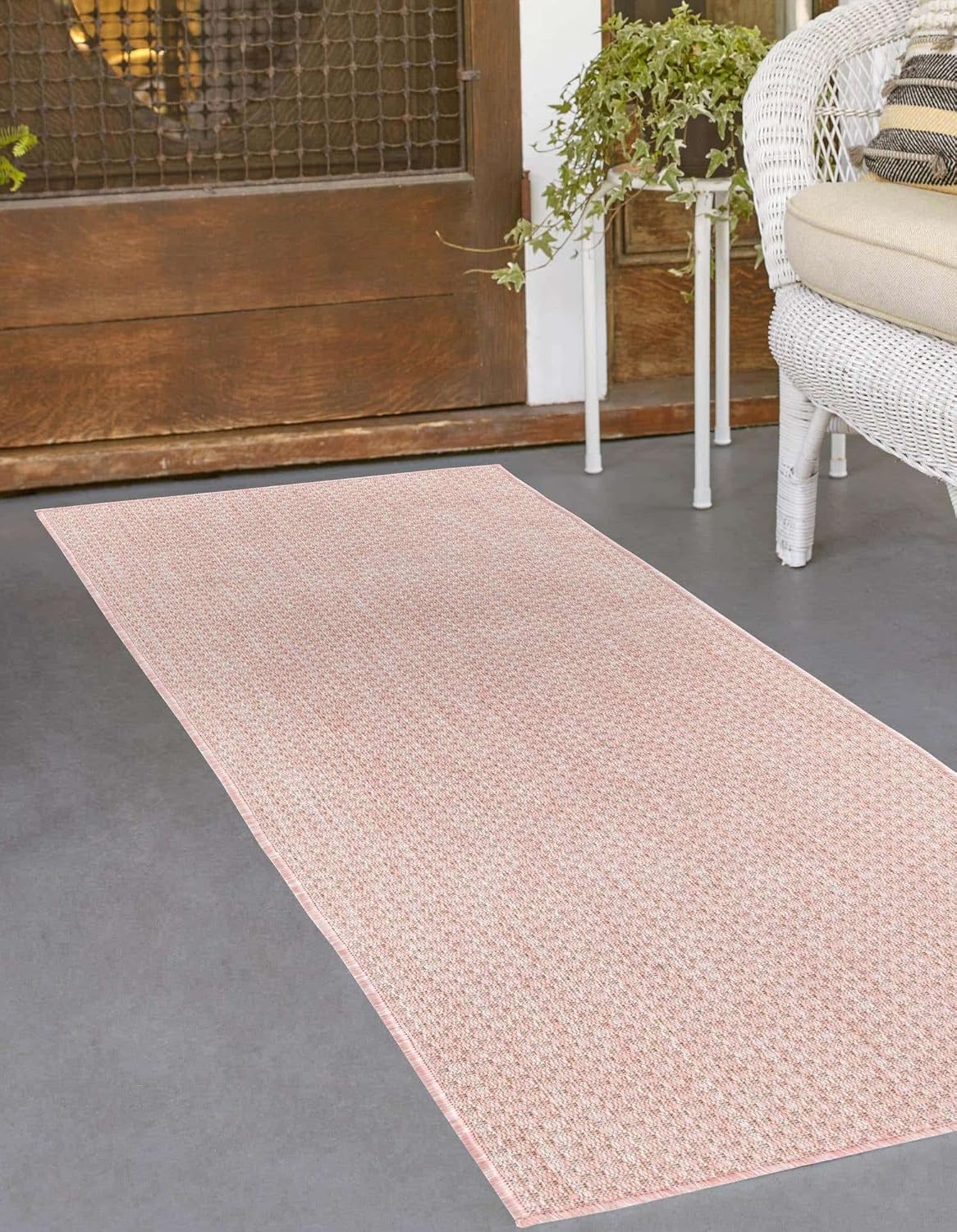 Unique Loom Collection Casual Transitional Solid Heathered Indoor/Outdoor Flatweave Area Rug (2' x 6' 1" Runner, Whisper Pink/Ivory)