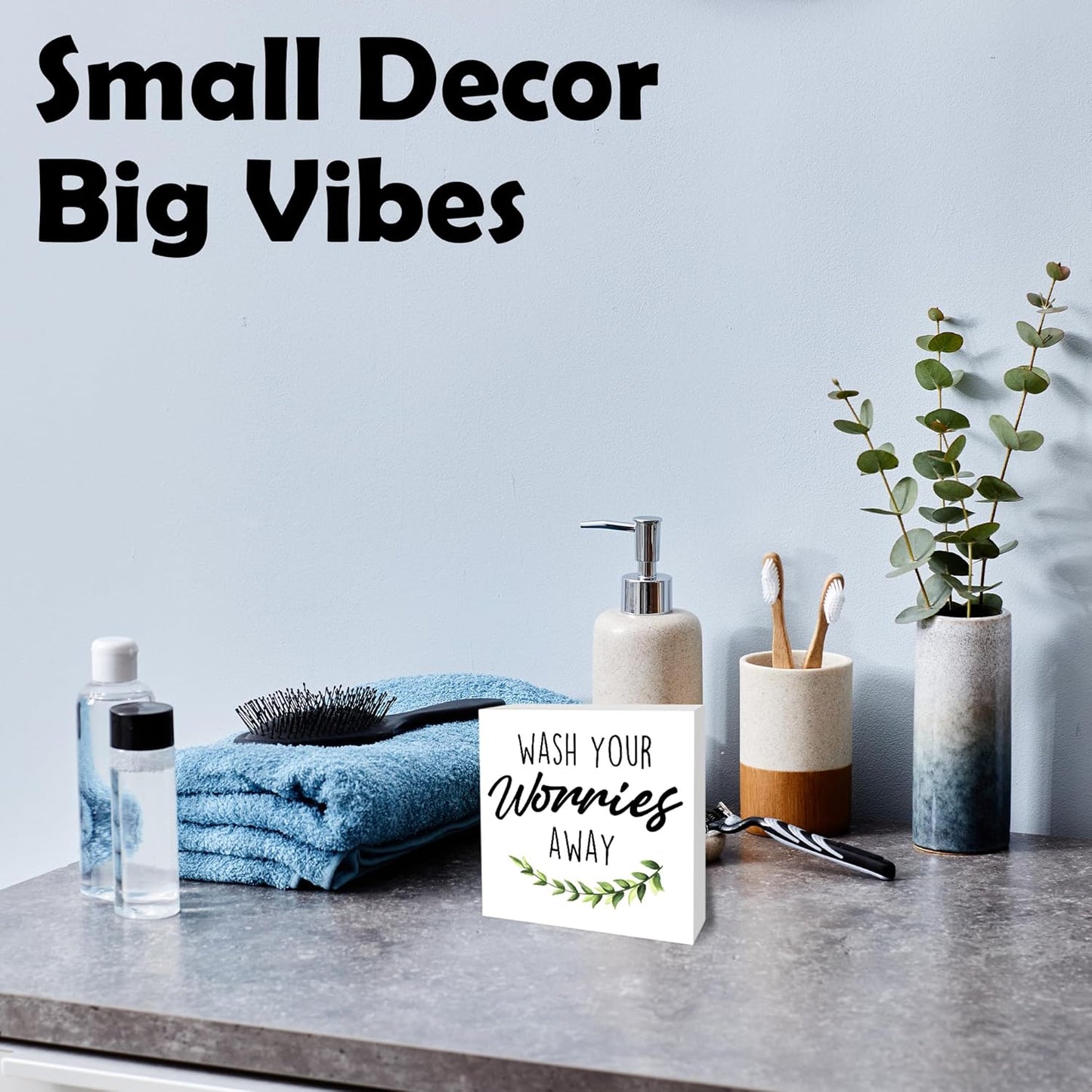 Wash Your Worries Away Wooden Block Sign - 5" Leaves Wooden Plaque Tabletop Decor - Rustic Farmhouse Wood Sign Gifts For Friends Family Coworker- Bathroom Toilets Desk Decor & Supplies -B17