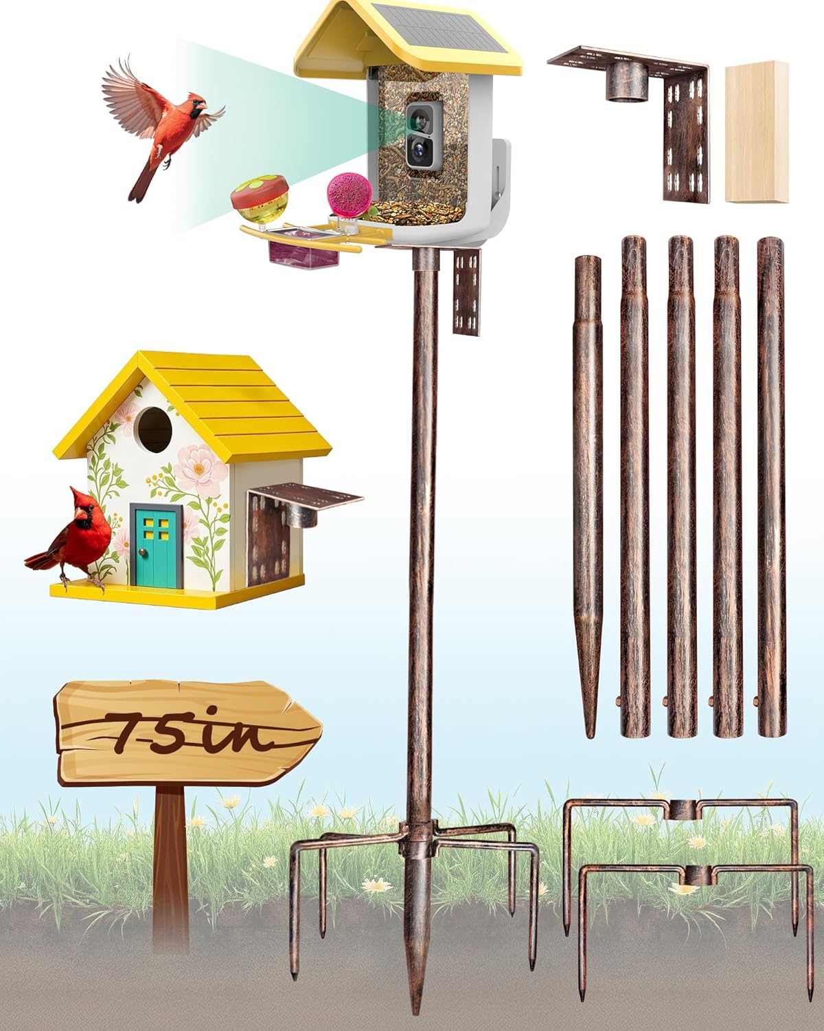 Bird Feeder Pole – 75 Inch Height Bird House Pole with 1-Inch Dia Heavy Duty for Birdfeeders, Feeding Stand with Mount Kit for Outdoor, Slip-Fit Connection, Copper Brushed
