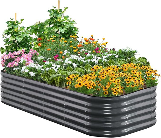 Quictent Galvanized Raised Garden Bed Kit, 6x3x1.5 ft Oval Metal Planter Box Tall for Vegetables Outdoor Backyard, Rubber Strip Edging Included, Dark Gray
