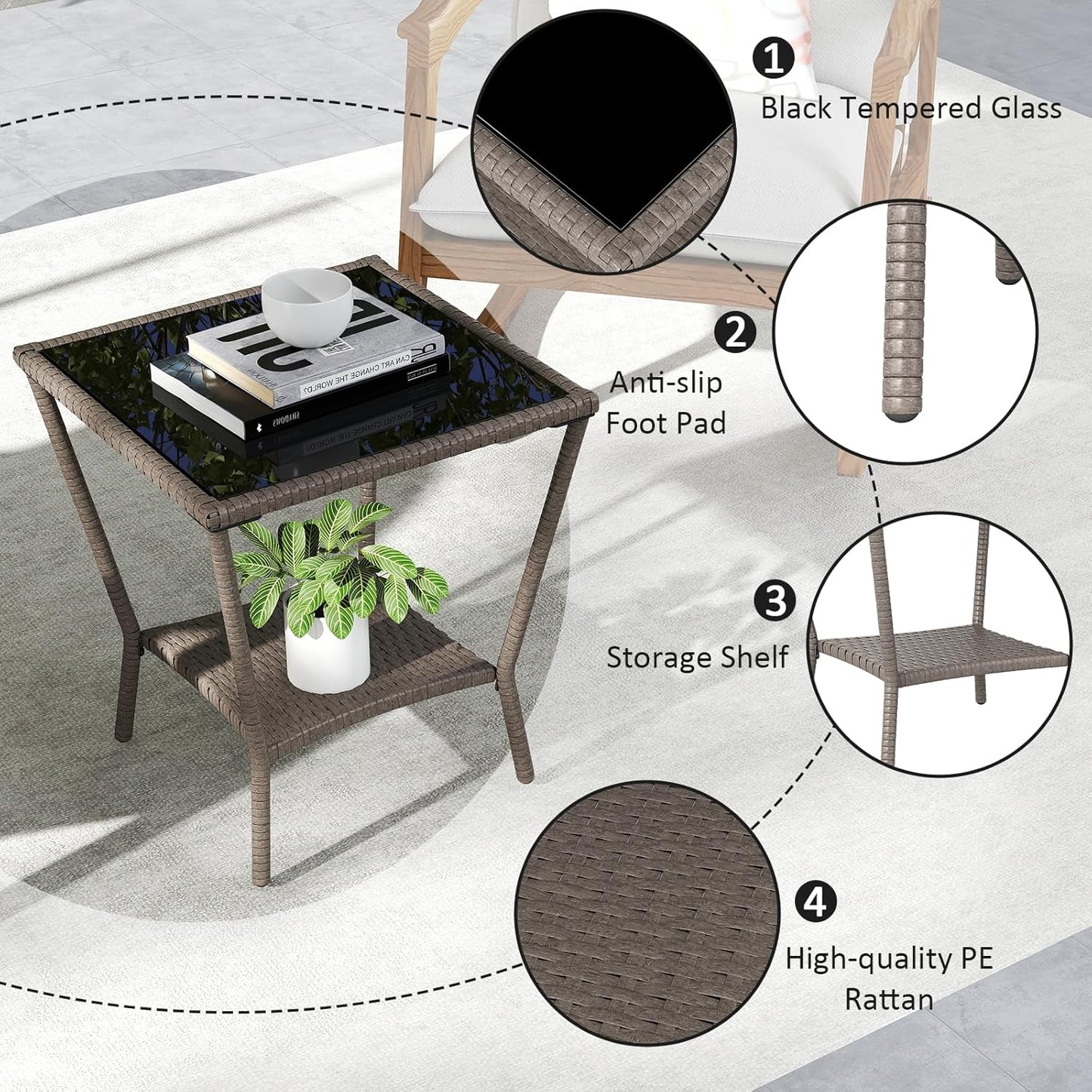 Outdoor Small Patio Table - PE Rattan Coffee Table, Wicker Side Table for Patio, Balcony & Porch, Durable & Iron Frame (1, Sesame Brown)