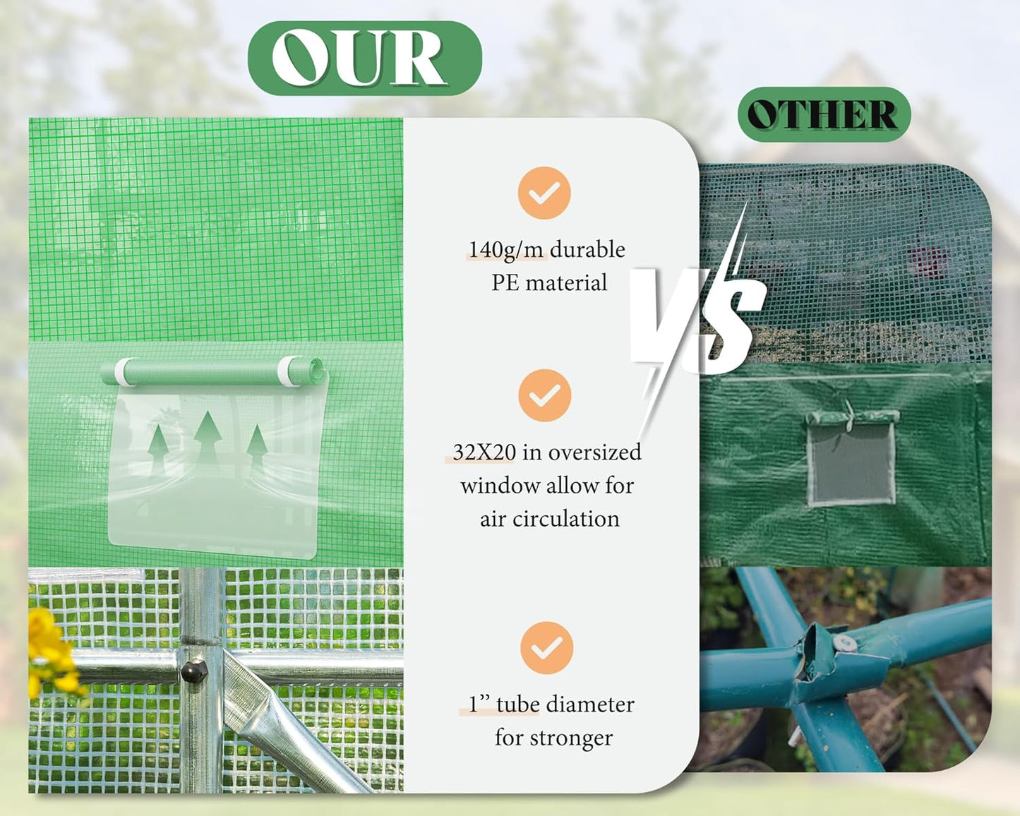 AMERLIFE 44x10x7.5 FT Tunnel Greenhouse for Outdoors, Extra Large Walk in Greenhouse with Galvanized Steel Frame, Premium PE Cover & Film Clips, Swing Door, Green