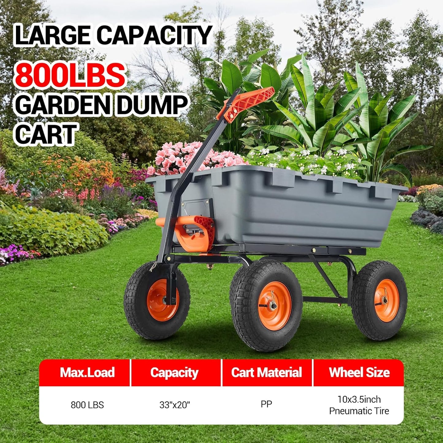 Heavy Duty Poly Utility Dump Wagon 180°Quick Release Dumping, 800 Lb Capacity Outdoor Wheelbarrow for Yard, Landscaping & Gardening