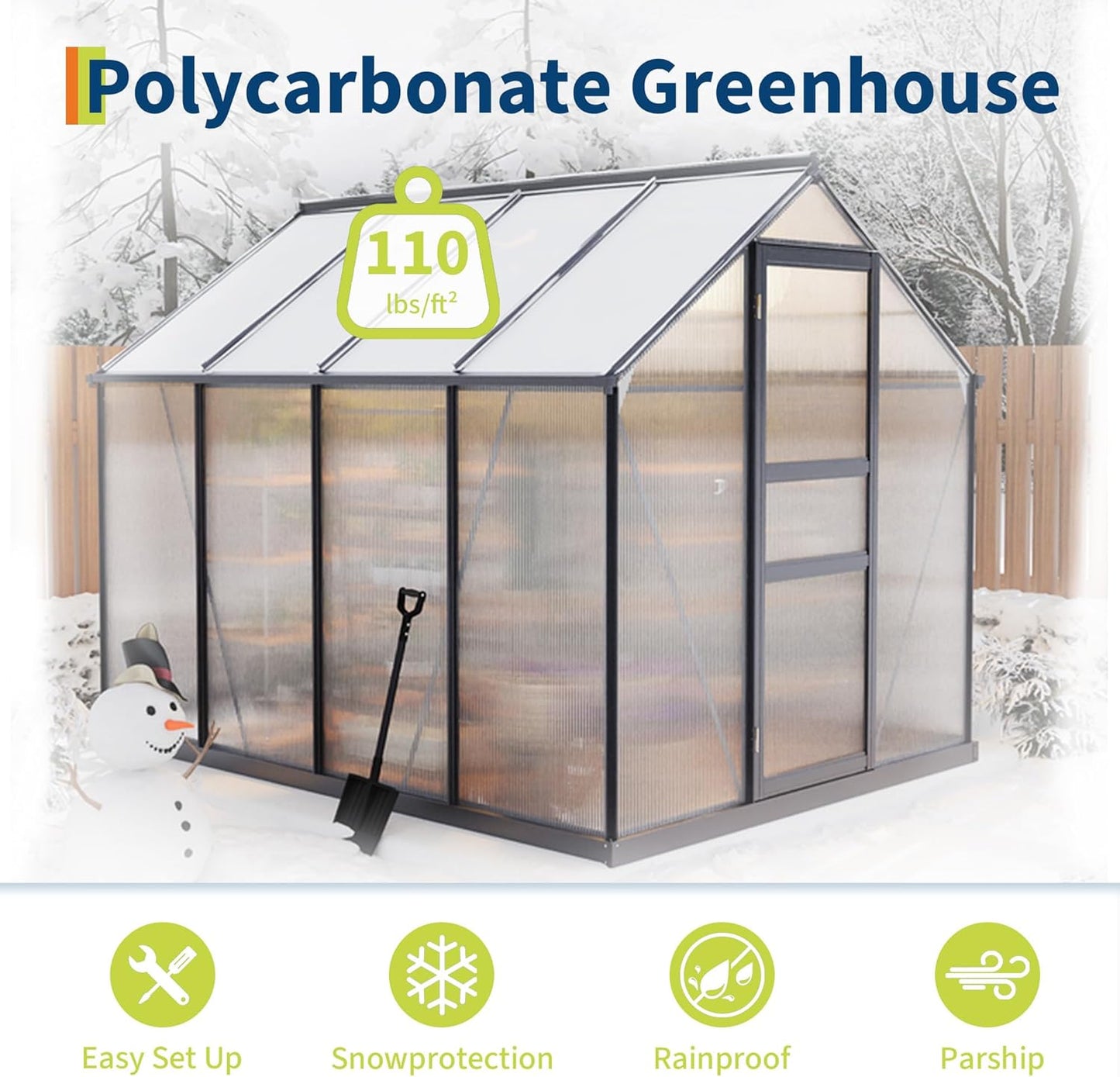 6*8 FT Outdoor Walk-in Greenhouse, Polycarbonate Green House, Heavy Duty Greenhouse with Vented Roof Window, Windproof Aluminum Frame, Suitable for Outside Gardening, Backyard, Patio