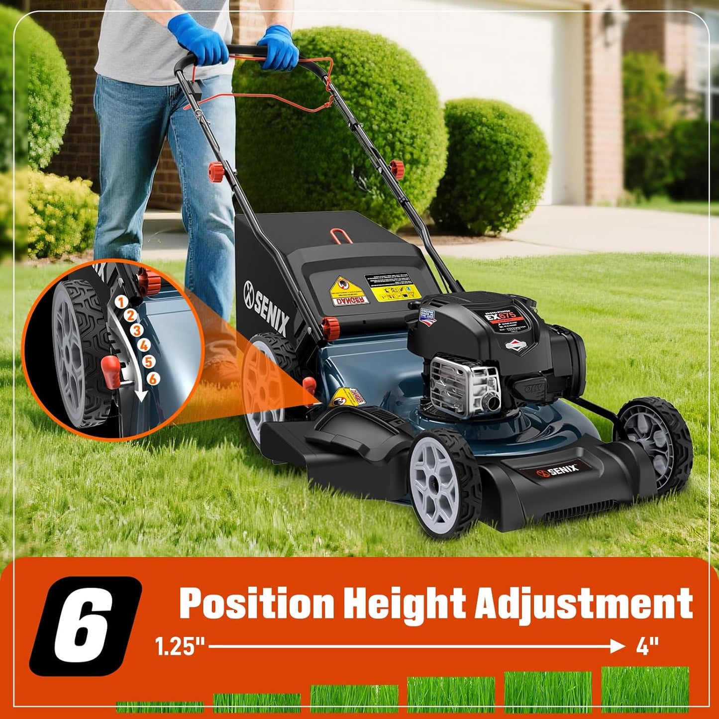 SENIX Gas Lawn Mower, 22" Self Propelled Gas Powered Lawnmower with 163cc B&S 4-Cycle Engine, 3-in-1 Walk-Behind Push Lawn Mower, 6-Position Height Adjustment