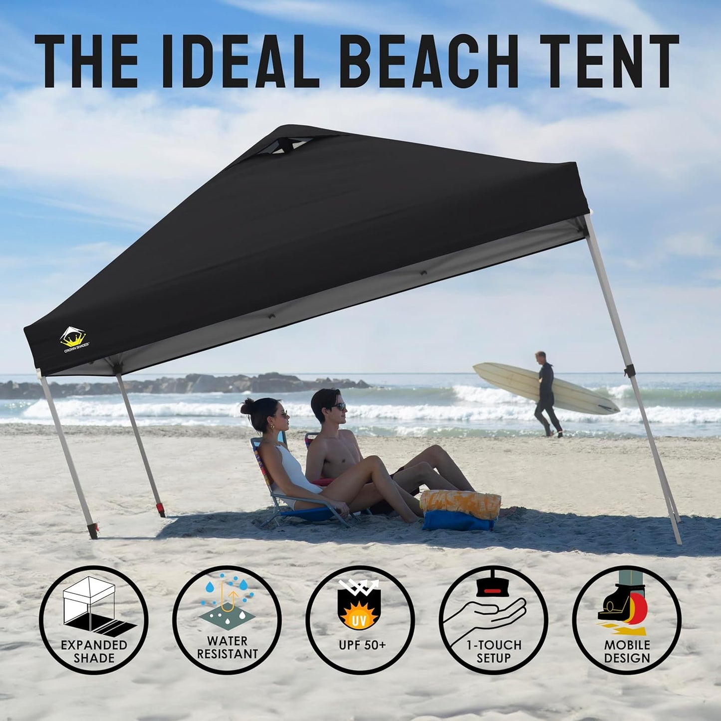 CROWN SHADES 10x10 Pop Up Canopy - Beach Tent with One Push Setup - Easy Outdoor Sun Shade for Events, Parties, Camping - Gazebo with STO-N-Go Cover Bag, Silver Coated Top, Black