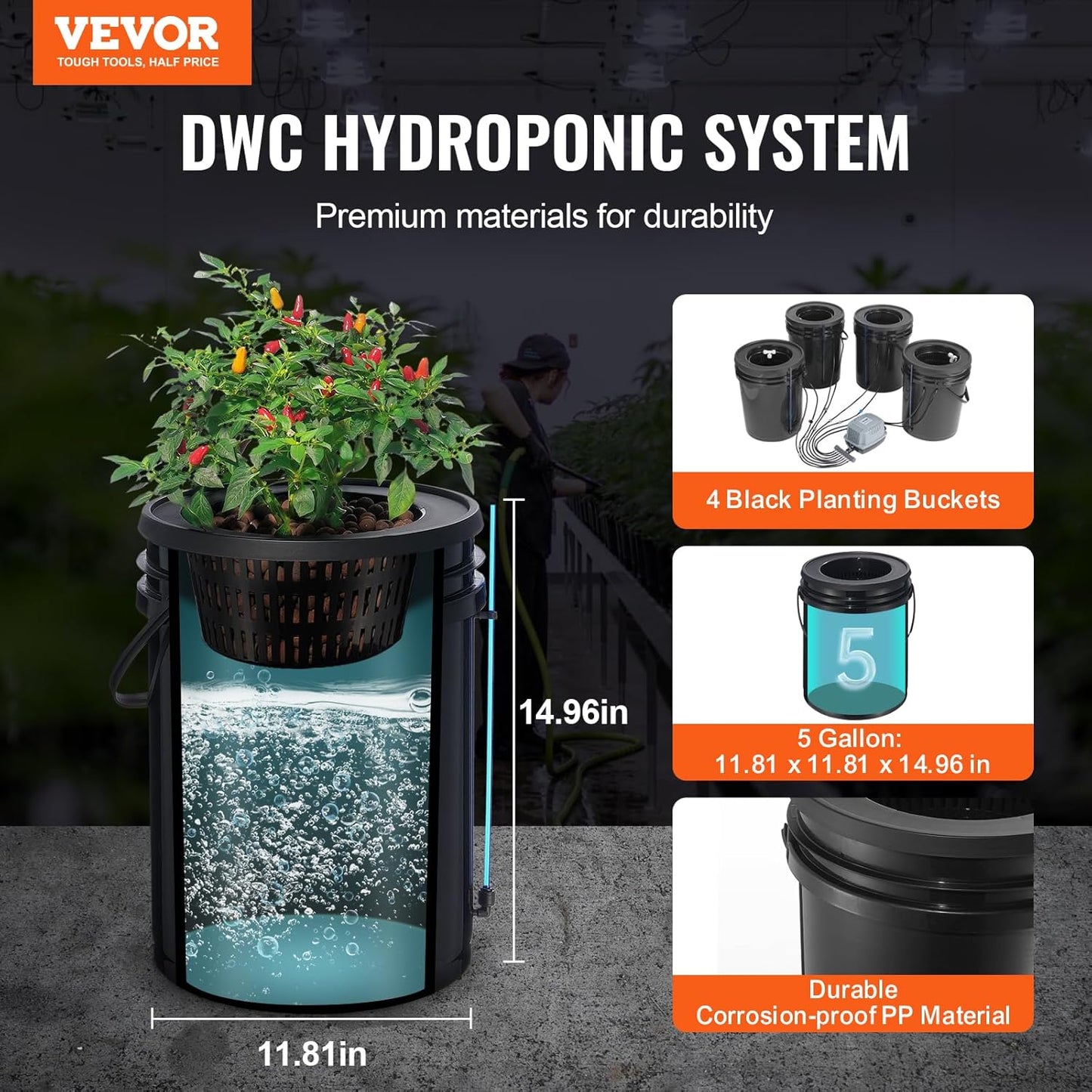 VEVOR DWC Hydroponics Grow System, Hydroponic Growing System with Top Drip Kit, Deep Water Culture 5-Gallon 4 Buckets, with Air Pump, Air Stones and Water Level Device for Leafy Vegetables
