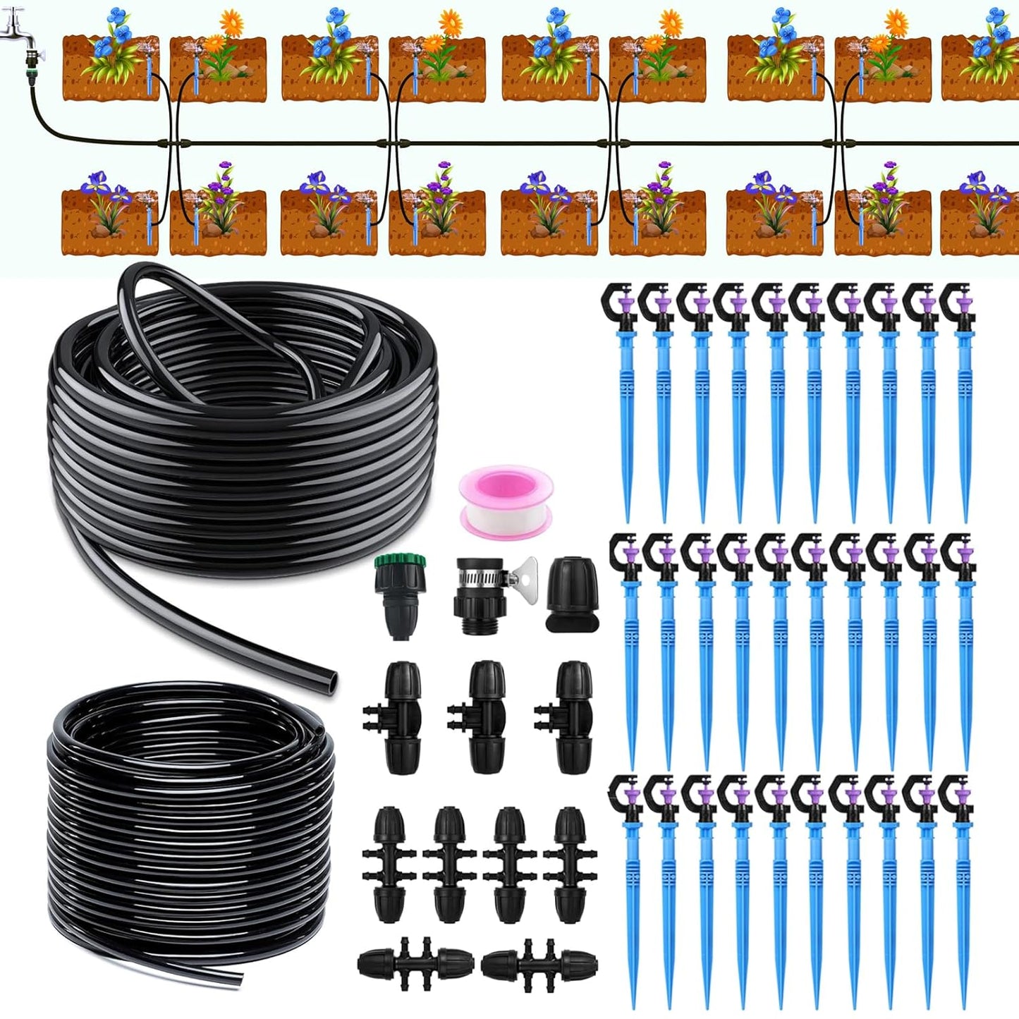82FT/25M Rotary Sprinkler Drip Irrigation System, Adjustable Complete Drip Irrigation Kit with Rotary Sprinkler, 1/2" and 1/4" Irrigation Tubing and Barbed Fittings for Garden,Raised Beds,Yard,Lawn