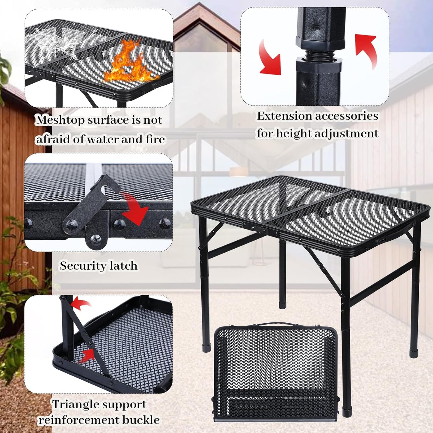 Folding Grill Table Metal Portable Camping Table with Mesh Desktop Lightweight & Foldable Height Adjustable Black Picnic Table for RV, BBQ Outside Inside