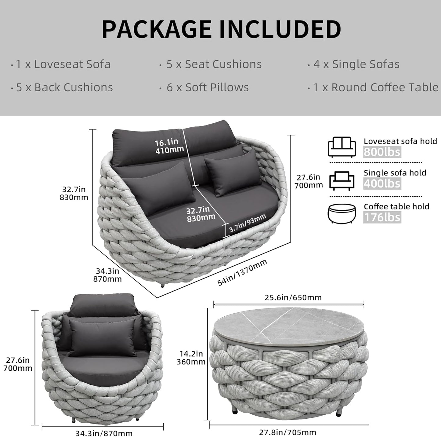 5 Pieces Patio Furniture Set Outdoor Rope Conversation Sectional Patio Sofa with 5 Seater for Backyard, Porch, Modern Armchairs with Thickness Cushions and Side Table
