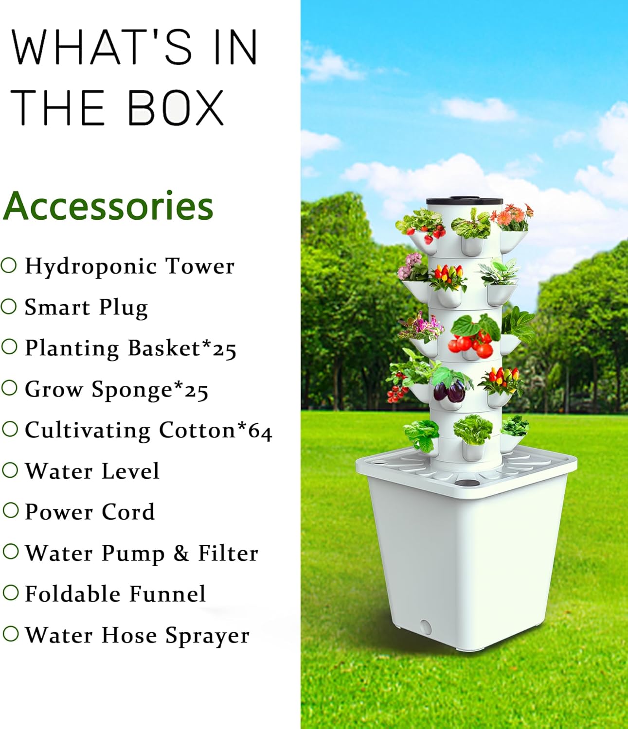 SJZX Hydroponics Growing System Kit, 12L Large Capacity Hydroponic Tower, 5 Tiers Indoor Outdoor Gardening System for Beginner with Water Pump & APP Auto Timer, Vertical Garden Planter Kits (25 Pods)