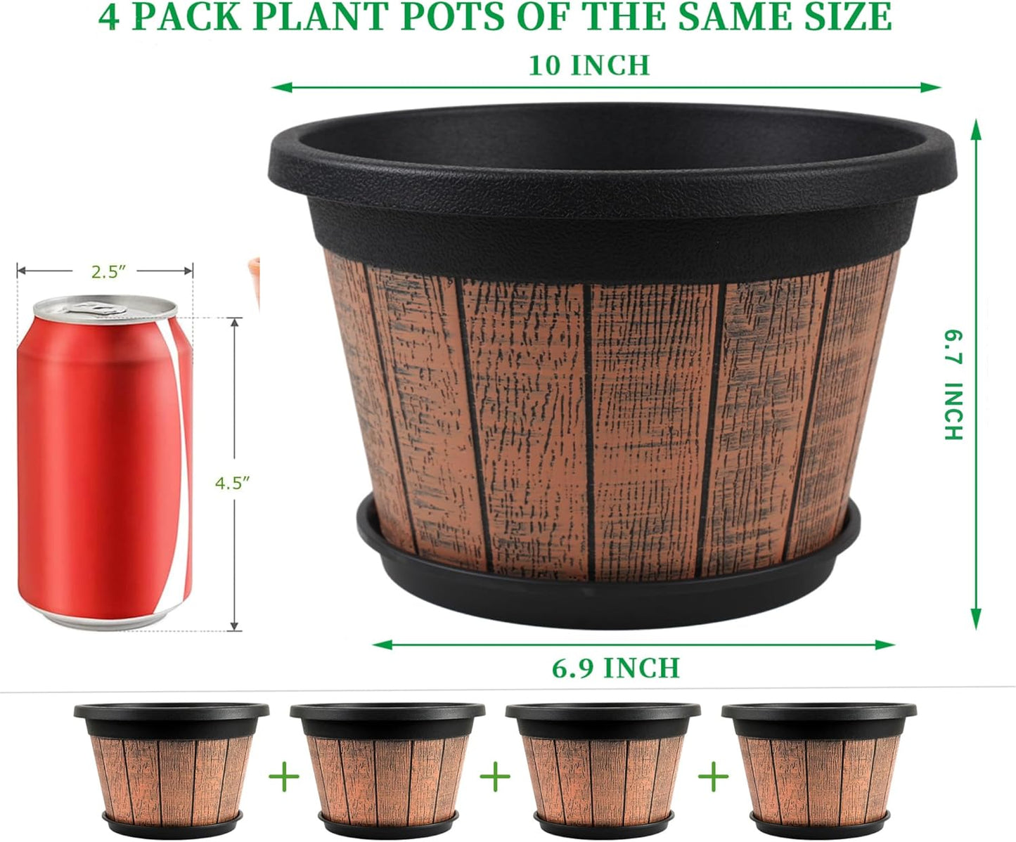 Quarut 4 Pack 10 inch Plant Pots,Upgrade Whiskey Barrel Planters with Drainage Holes & Saucer,Plastic Decoration Flower Pots Retro Design,Planters for Outdoor Indoor Garden Home Plants (Brown)